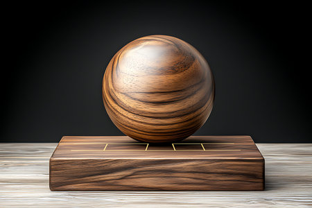 A beautifully crafted wooden sphere resting on a stylish wooden base, showcasing exquisite natural textures and balanced design. Perfect for artistic decor.の写真素材