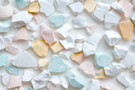 This image features colorful fragments of stone chips scattered on a white background. The...