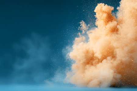 A stunning representation of a colorful dust cloud explosion against a blue backdrop, showcasing...