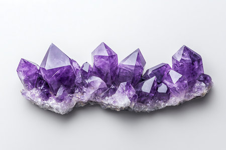 Stunning amethyst crystal geode formation displays vibrant purple hues and unique textures against a light backdrop, perfect for nature enthusiasts and interior decor.の写真素材