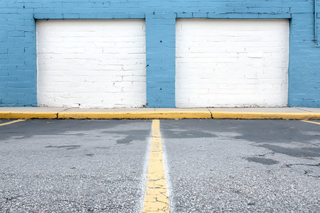 A clean urban scene featuring a bright blue wall with white garage doors set against a smooth parking surface. The image captures simplicity and modernity.の写真素材