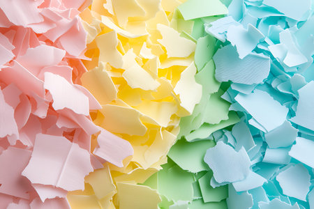 A vibrant background featuring an array of colorful shredded paper in pastel shades, ideal for...