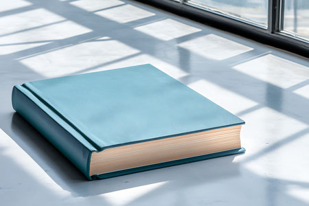 A serene blue hardcover book lies on a light marble surface, bathed in soft natural sunlight,...
