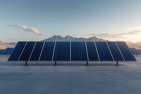 A stunning solar panel array situated in a vast desert landscape showcases renewable energy...