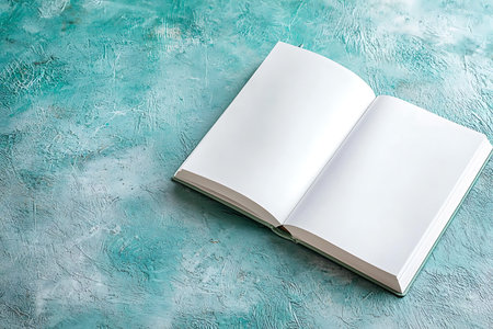 Open book with blank pages on a textured turquoise background, ideal for creative projects, mockups,...
