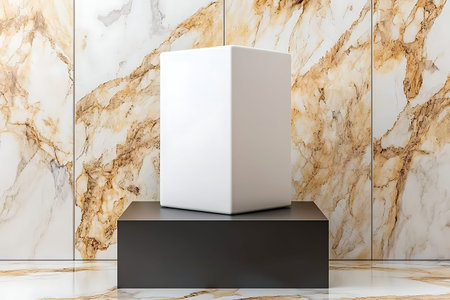 A striking presentation of a white geometric object on a black pedestal, set against a beautifully textured marble backdrop, creating a modern aesthetic.の写真素材