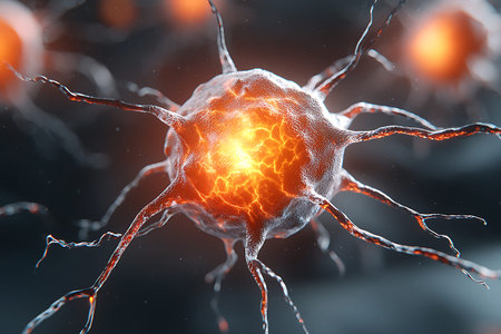 This detailed image showcases a neuron with illuminated synapses, capturing the essence of neural...