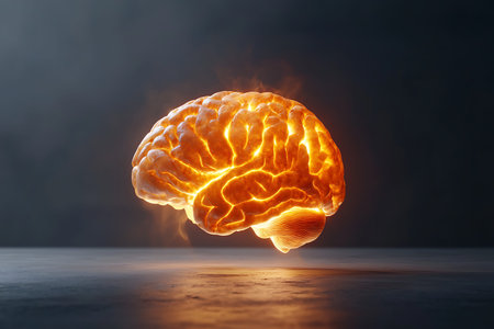This vibrant illustration features a glowing brain with fire effects, symbolizing creativity,...
