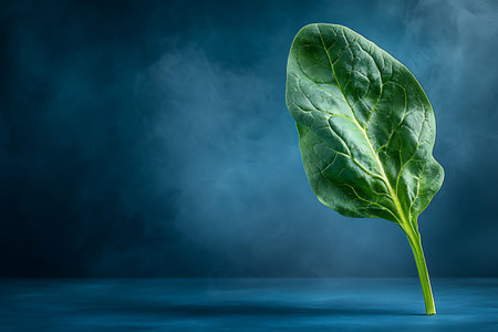 A vibrant fresh green spinach leaf stands upright against a dark backdrop, enhanced by a soft smoke...