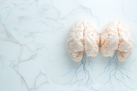 This artistic depiction of a human brain showcases intricate neural connections against a sleek marble background, symbolizing intelligence and creativity.の写真素材