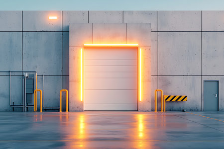 A sleek industrial warehouse exterior featuring a brightly illuminated garage door against a concrete backdrop at dusk. The setting offers modern architectural details and reflections.の写真素材