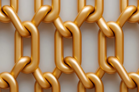 This image features an intricate arrangement of golden chains, showcasing their smooth texture and...