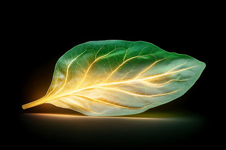 A stunning close-up shot of a vibrant green leaf illuminated against a black background. The intricate veins add a beautiful detail, showcasing nature's elegance and vitality.の写真素材