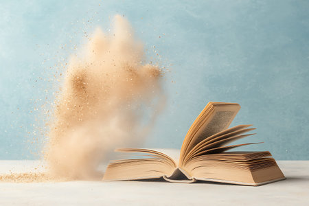 An artistic representation of an open book releasing a cloud of dust, symbolizing knowledge and imagination on a light blue background.の写真素材