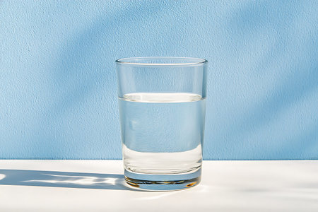 A serene image featuring a clear glass filled with water resting on a white surface against a soft blue background. Gentle shadows enhance the tranquil atmosphere.の写真素材