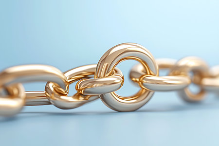 A stunning close-up photograph of shiny golden chain links set against a soft blue background, ideal for abstraction in design or luxury themes.の写真素材
