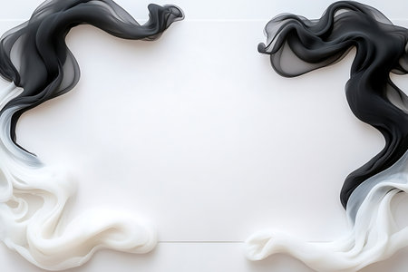 Sophisticated black and white silk fabric flows elegantly across a white background, creating artistic swirls that enhance any creative project or presentation.の写真素材
