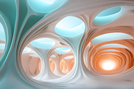 Experience a captivating abstract interior scene featuring smooth curves and soft lighting. This futuristic environment invites exploration and inspiration.の写真素材