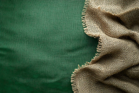 Close-up of burlap fabric draped over a solid green background, perfect for various design and crafting projects, showcasing rich texture and natural appeal.の写真素材
