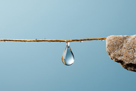 A captivating image of a single water droplet hanging delicately on a twine string, with a rock on one side and a serene light blue background, evoking tranquility and beauty.の写真素材