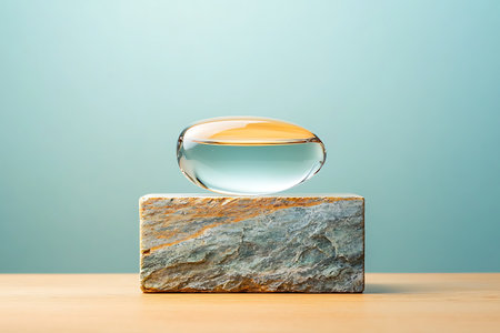 A sleek glass object rests on a textured stone block, showcasing modern design against a soft blue background. This minimalist composition highlights clarity and elegance.の写真素材