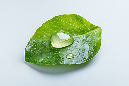 This image features a vibrant green leaf adorned with clear water droplets, highlighting its natural beauty and intricate texture against a soft background.の写真素材