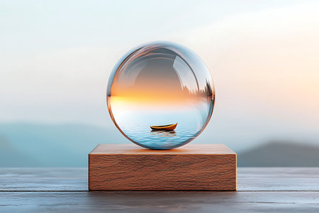 This captivating image features a glass sphere reflecting a serene boat on calm water at sunrise or sunset, showcasing a tranquil and picturesque landscape.の写真素材
