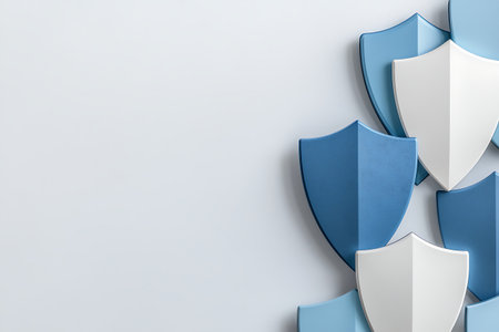 This image features an arrangement of colorful shields that represent security and protection in a minimalist setting, ideal for various concepts in business and technology.の写真素材