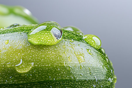This close-up image showcases a fresh zucchini, adorned with water drops and dew, highlighting its vibrant green skin and inviting freshness.の写真素材