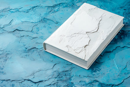A textured white book rests on a blue abstract surface, creating a calming and artistic composition. Perfect for themes of literature and serenity.の写真素材
