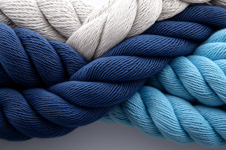 This image showcases a vibrant collection of twisted yarn in various shades of blue and gray,...