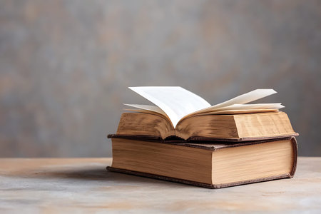 A beautifully arranged image of an open book resting on top of two stacked vintage books, showcasing...