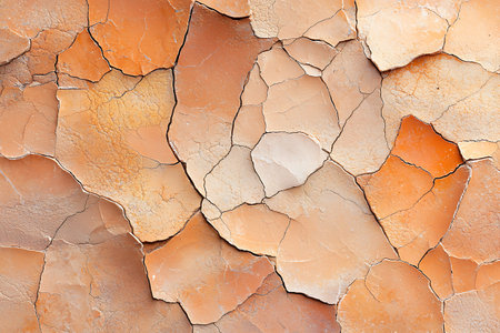 Close-up view of a textured background featuring cracked earth in warm shades of orange and beige....