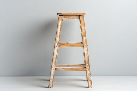 A rustic wooden step ladder stands against a light gray wall, showcasing its natural charm and functionality. Ideal for home decor and interior styling.の写真素材