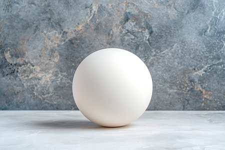 This image features a minimalist white sphere set against a textured gray background. Ideal for modern design projects, branding, and artistic concepts.の写真素材