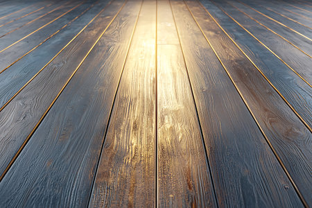 A sunlit wooden floor showcasing rich textures and warm tones, perfect for interior design projects. Ideal for backgrounds or cohesive layouts.の写真素材