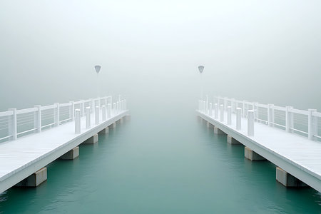 A serene white pier stretches into a thick fog, creating a tranquil atmosphere over calm water, inviting exploration into the mysterious depths ahead.の写真素材