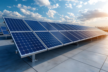 A stunning view of solar panels installed on a rooftop, capturing sunlight with a clear blue sky and...