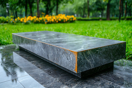 A modern gray stone bench positioned elegantly in a green park, surrounded by blooming flowers,...