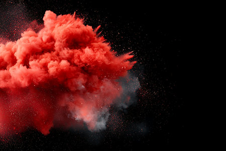 A stunning image of a vibrant red smoke cloud bursting against a dark background, creating an ethereal visual spectacle. Perfect for artistic expressions.の写真素材