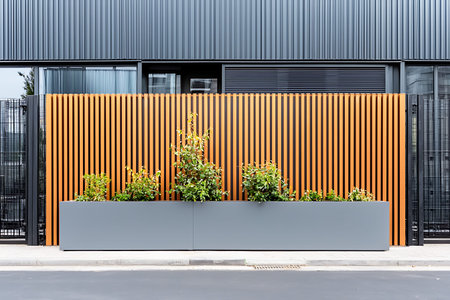 This modern architectural design features stylish orange wooden slats alongside sleek gray planter...