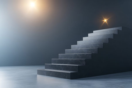 A minimalist staircase stands out in a dimly lit space, enhanced by distant gleaming sparks,...