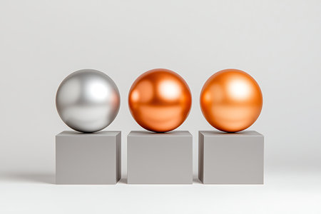 A modern still life featuring three metallic spheres in silver, copper, and bronze, elegantly placed on minimalist cubes.の写真素材