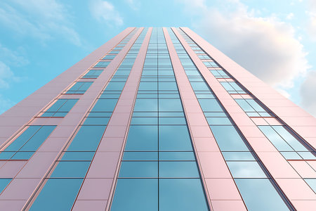 A striking modern skyscraper features a reflective glass facade, soaring into a clear blue sky,...