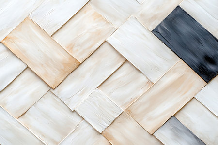 This stunning image features a wall crafted from uniquely arranged off-white and dark tiles,...