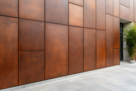 A striking urban architectural wall featuring a copper finish with textured panels. This design...
