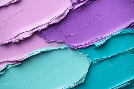 This abstract image showcases vibrant layers of purple and teal acrylic paint on canvas, creating a...