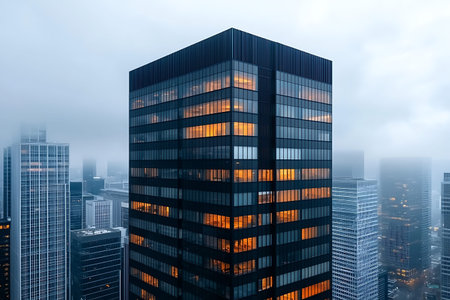 A modern skyscraper emerges in a foggy city skyline, featuring glowing orange windows that create a...
