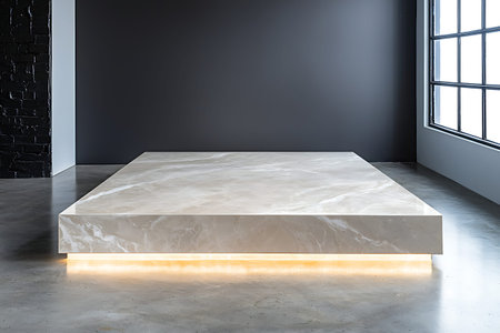 A sleek marble display platform set in a modern interior, featuring subtle lighting that enhances...