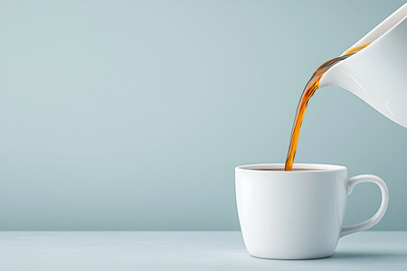 A serene scene captures warm coffee being poured from a jug into a white cup against a soft blue backdrop. Ideal for cozy or kitchen themes.の写真素材